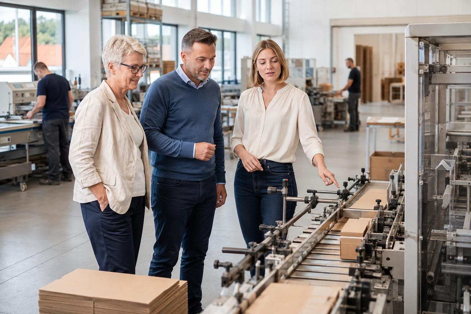 Drei Personen betrachten eine Verpackungslinie in einem Betrieb